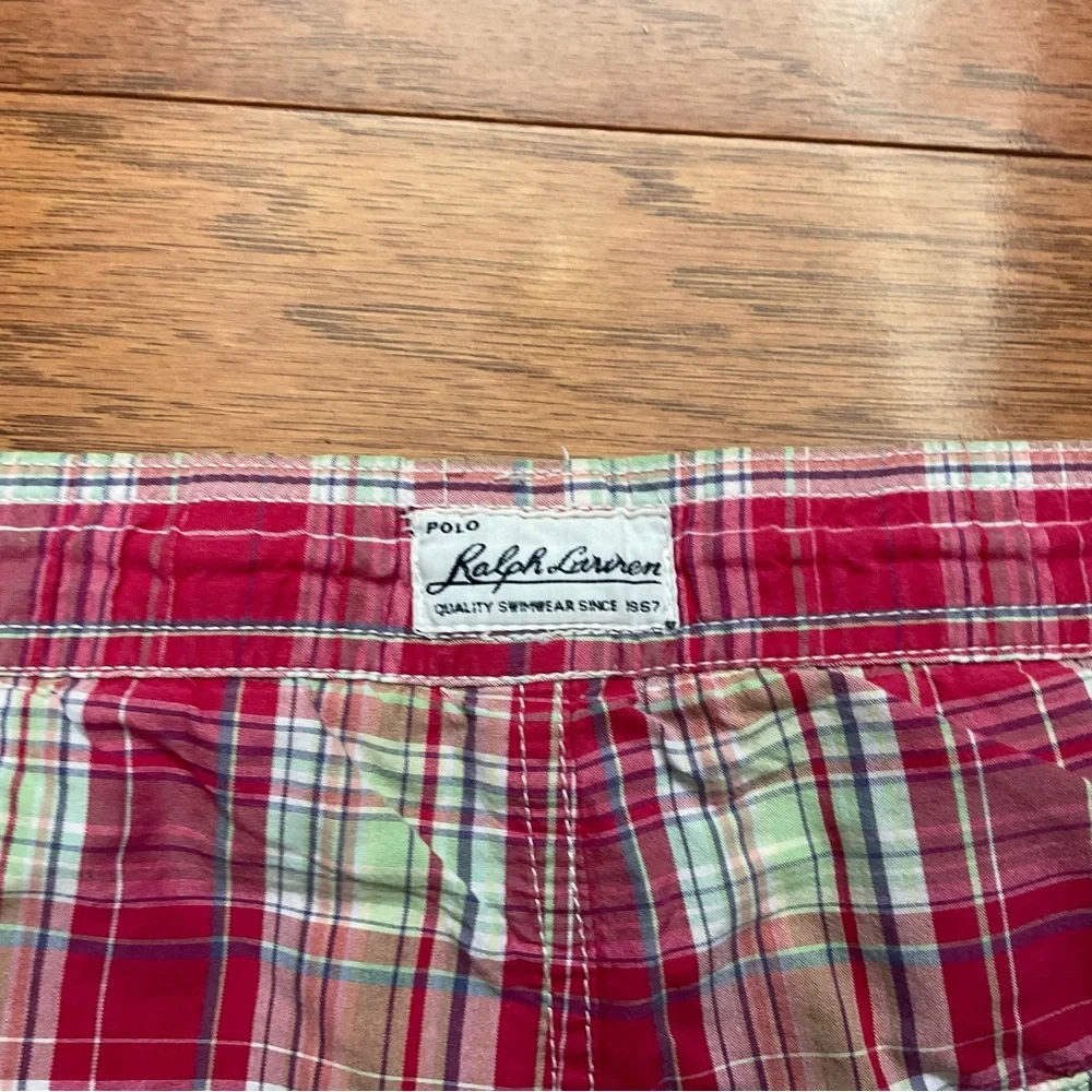 Polo Ralph Lauren Red, Lime Green Plaid Kids Swim Trunks Size Med 12/14